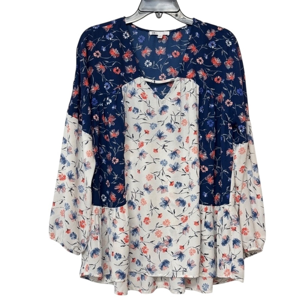 DR2‎ White & Blue Floral Peasant Blouse Peplum Long Blouson Sleeve Open V-Neck M